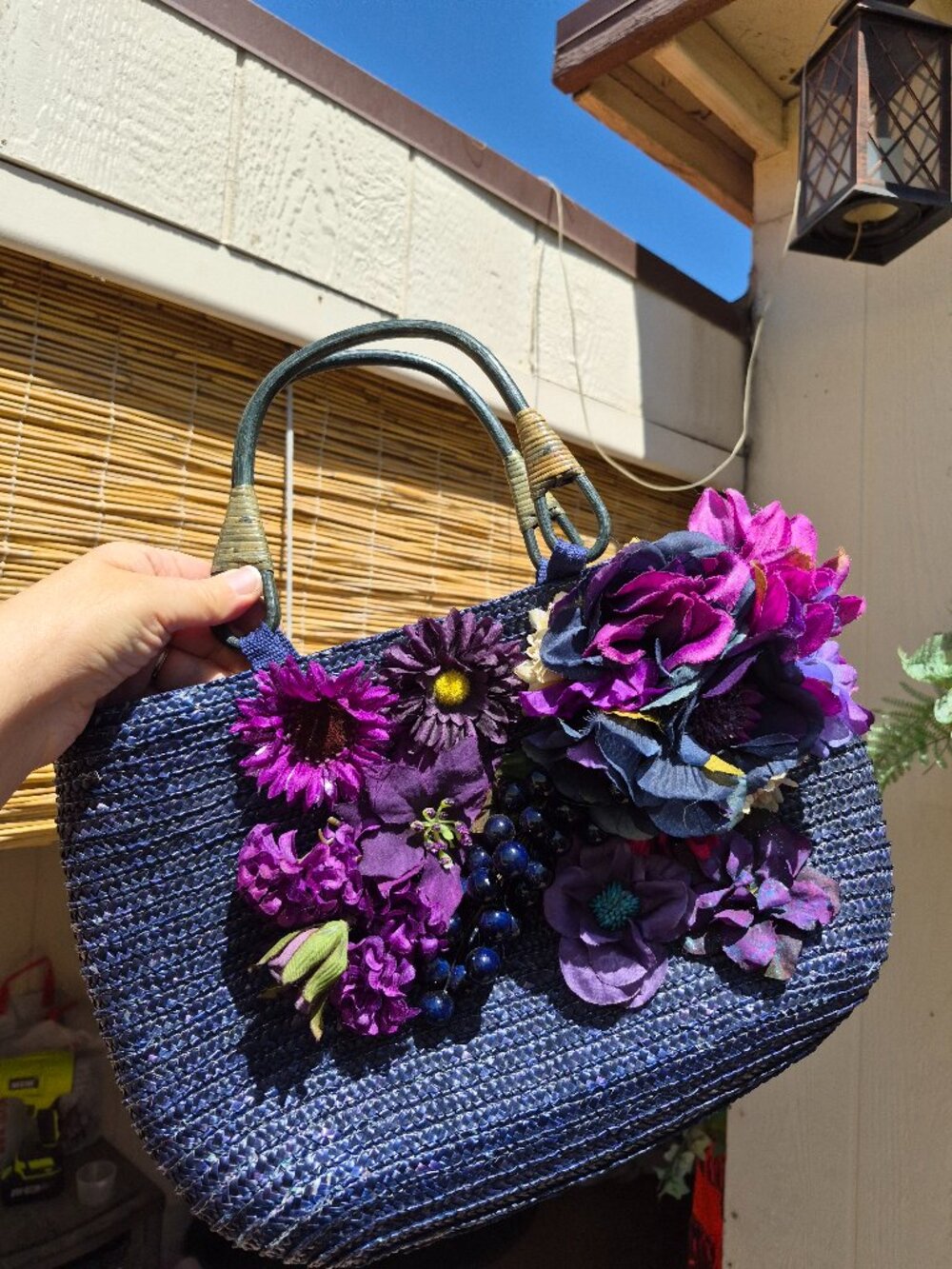 Upcycled Dark Blue Vintage Straw Bag with Purple Flowers and Bamboo Handles